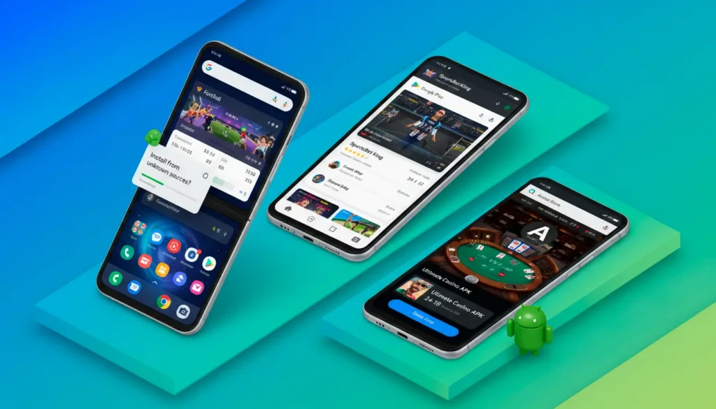 Multiple Android devices showing diverse betting apps with APK installation and customization features