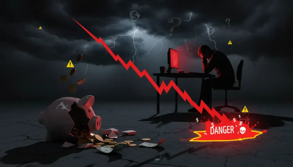 Warning signs and caution symbols for common betting mistakes with broken piggy bank and falling graph