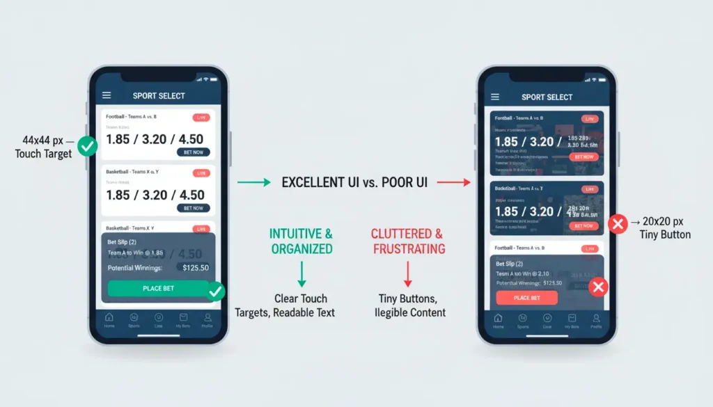Comparison of good vs bad betting app user interfaces with touch target measurements