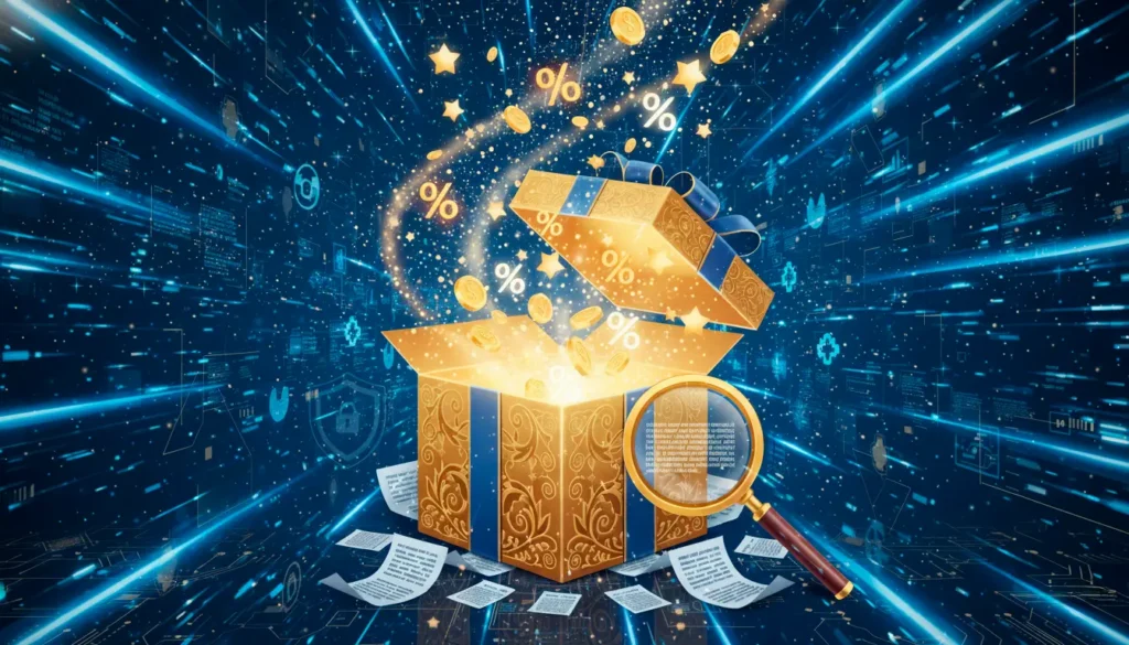 Golden gift box with glowing coins and percentage symbols representing betting bonuses and rewards
