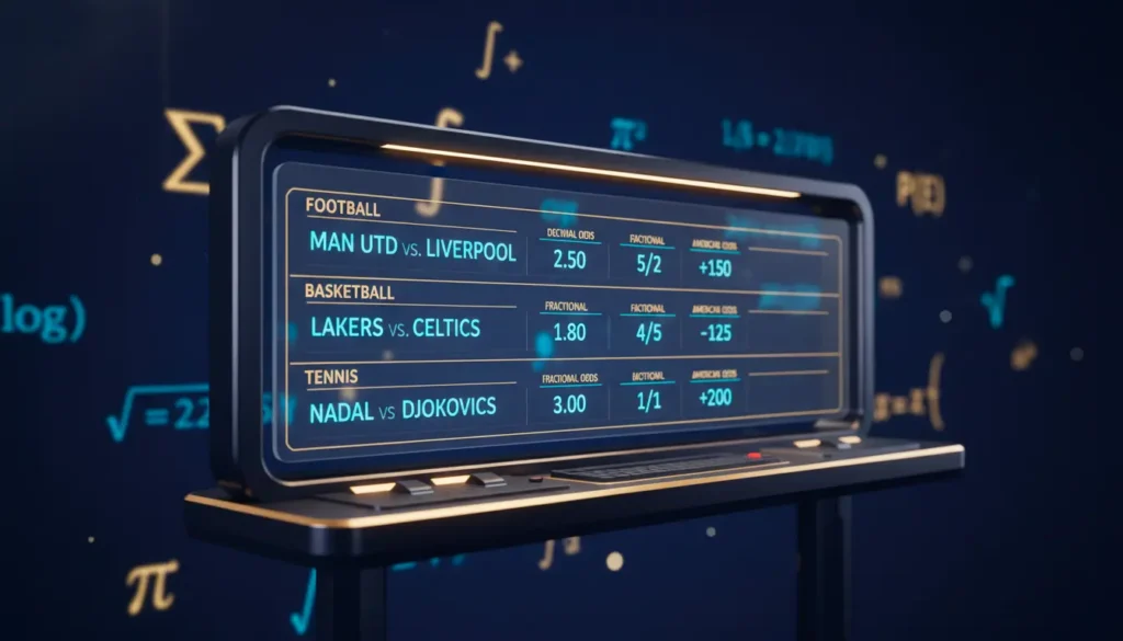 Professional betting odds display showing decimal, fractional and American formats