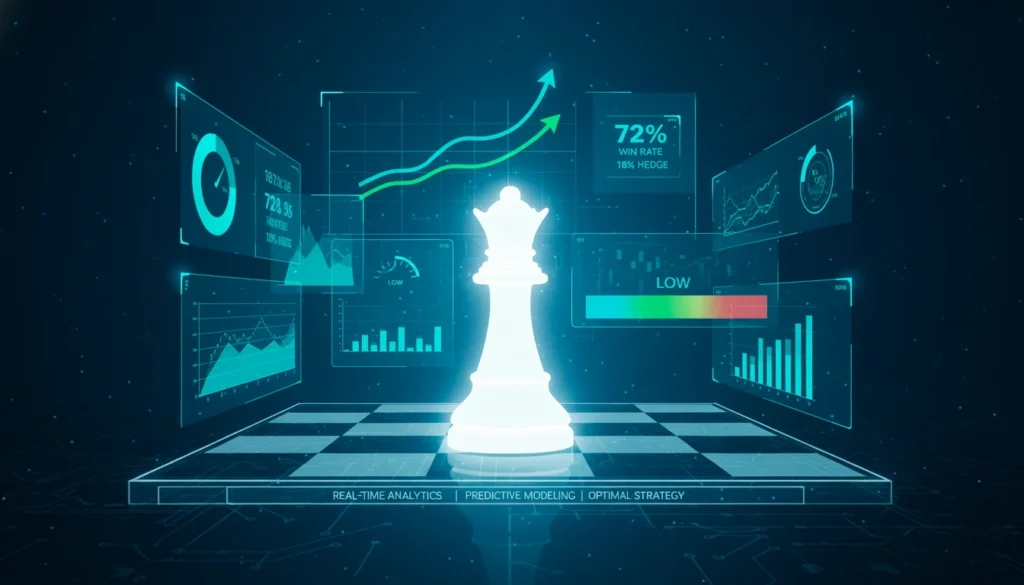 Chess piece on digital board with holographic data overlays showing betting strategy and statistical analysis