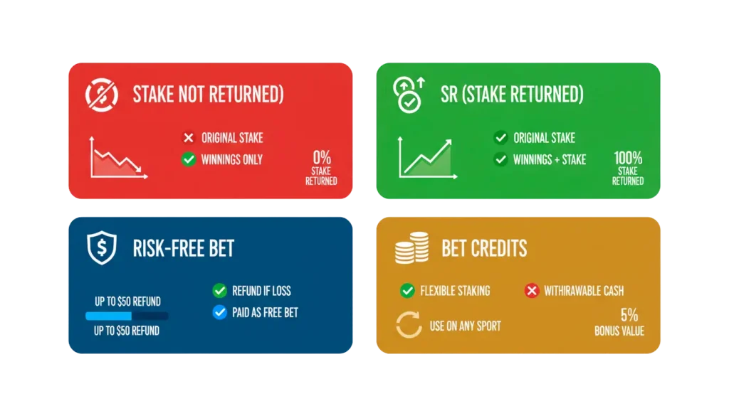 Comparison of different free bet types: SNR, SR, Risk-Free, and Bet Credits