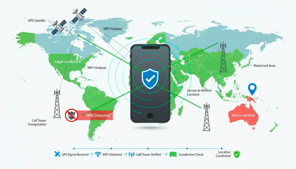 Smartphone showing GPS, WiFi positioning and geolocation verification for legal betting jurisdictions