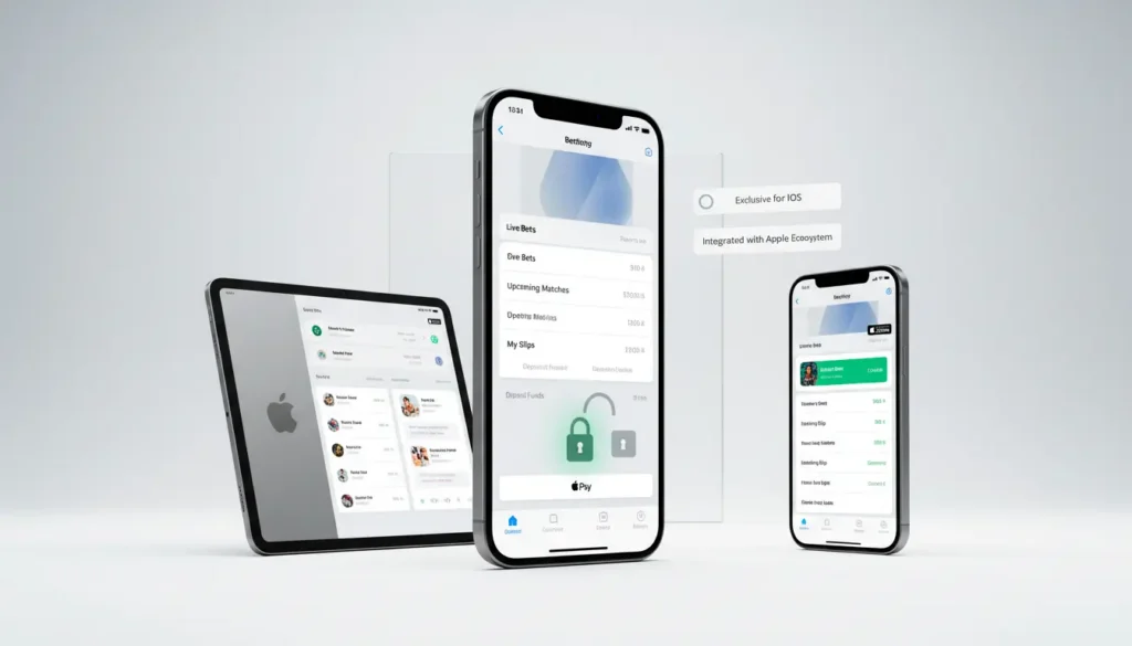 iPhone displaying iOS betting app with FaceID and Apple Pay integration