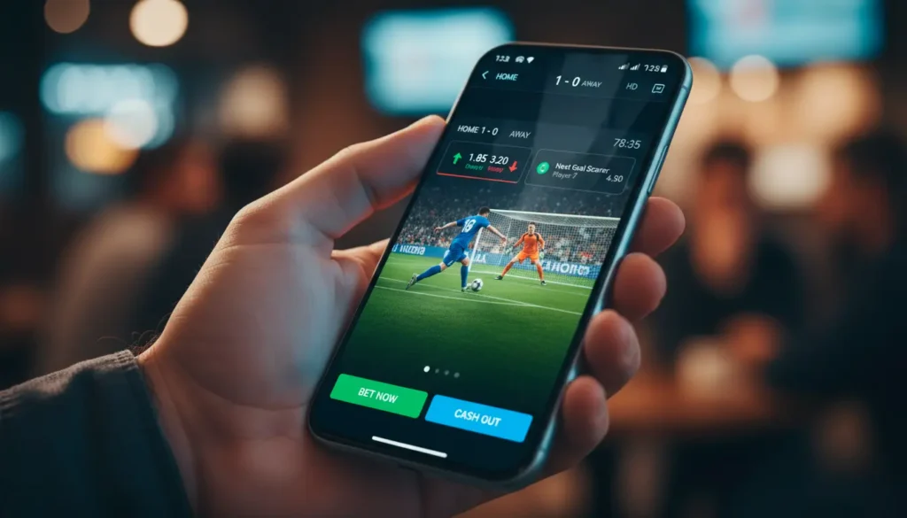 Hand holding smartphone with live football streaming and betting odds overlay