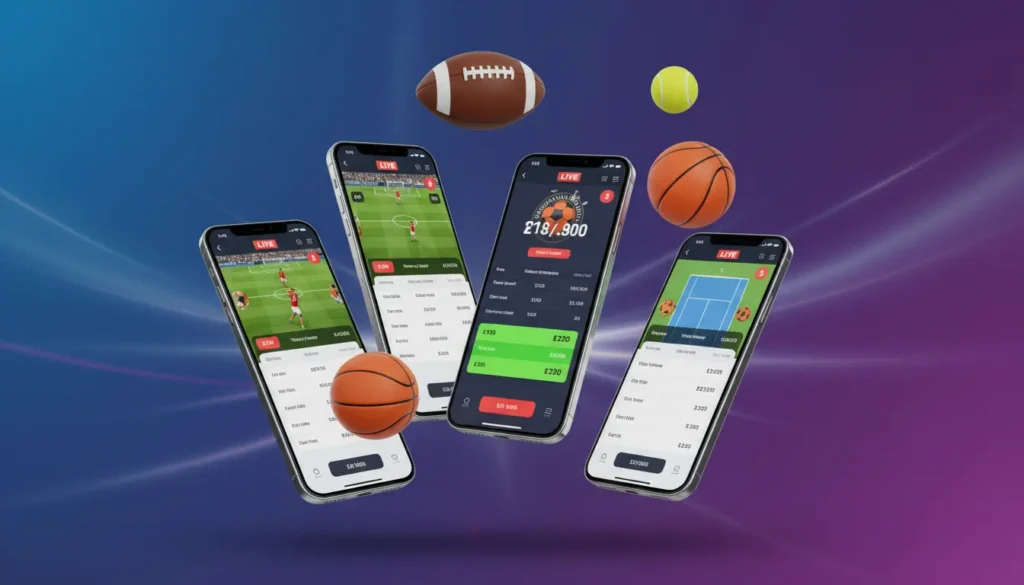 Mobile betting apps on smartphones showing live sports betting interfaces