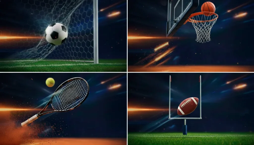 Split-screen showing soccer, basketball, tennis and NFL with betting odds and statistical overlays