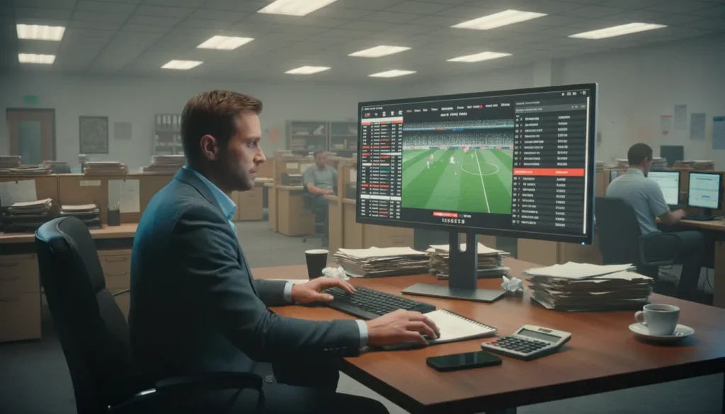 Professional sports bettor analyzing odds on multiple monitors