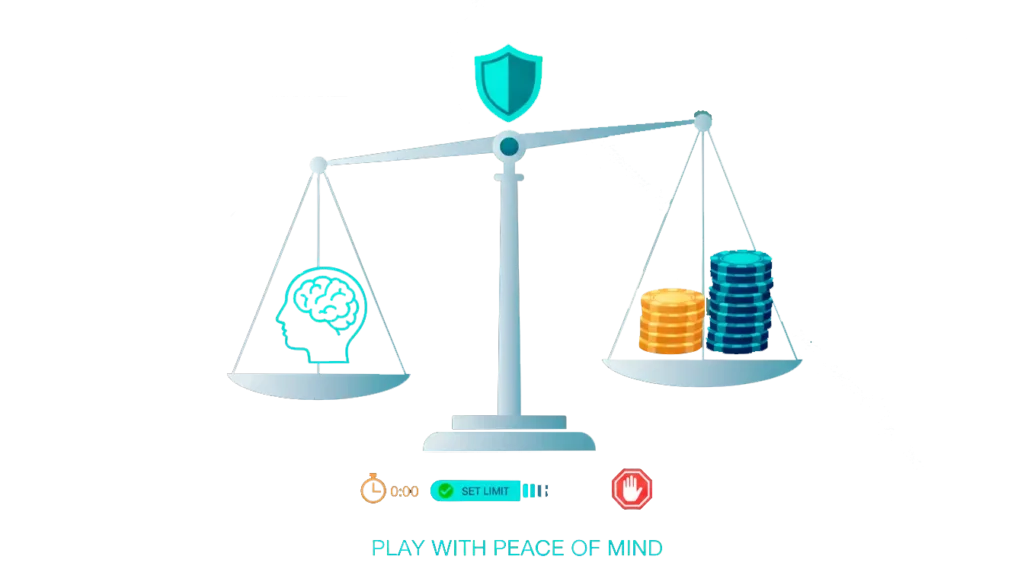 Balanced scale showing mindful gambling with brain icon and betting chips representing responsible gaming