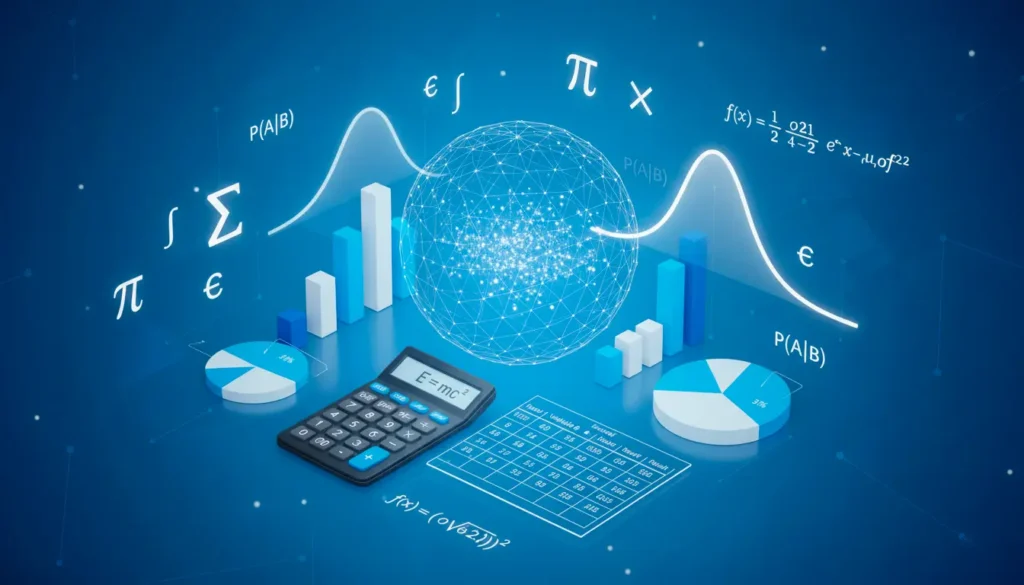 Mathematical foundation visualization with statistical formulas and probability calculations
