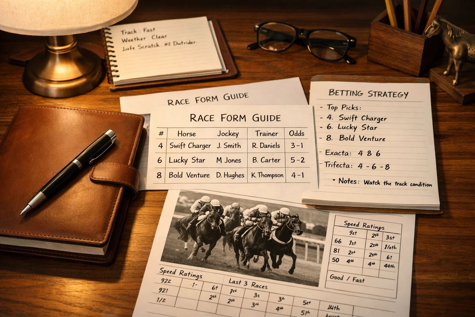 Organized desk with notebook, pen, and racing documents representing disciplined betting approach