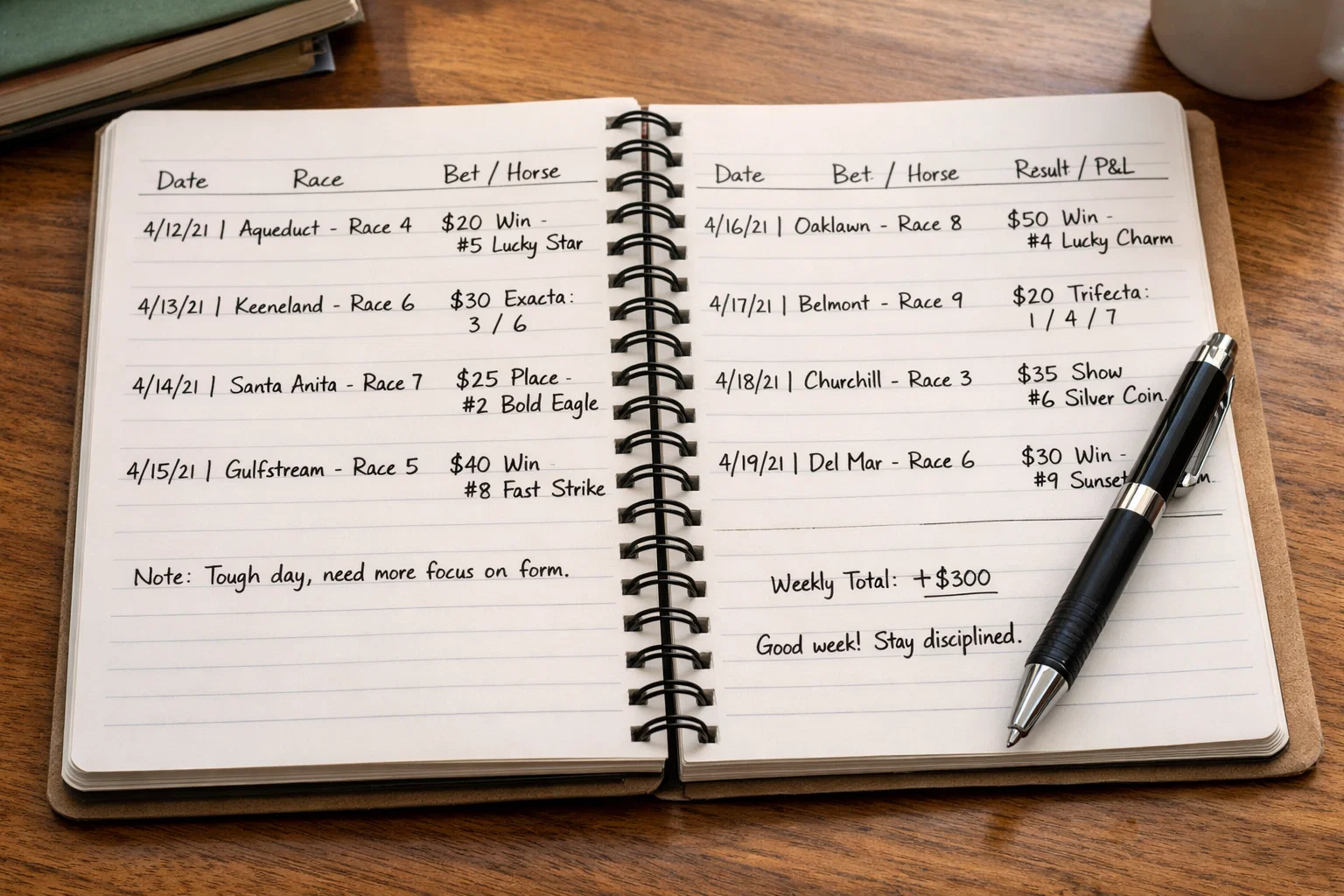 Open notebook with handwritten betting records and results tracking