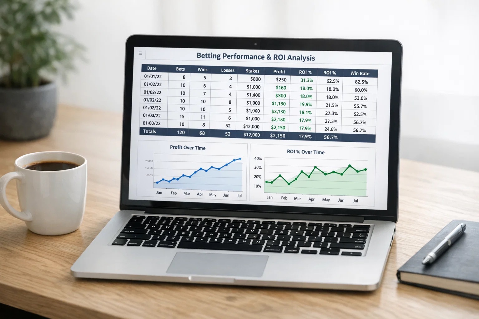 Laptop displaying a spreadsheet with betting performance data and statistics