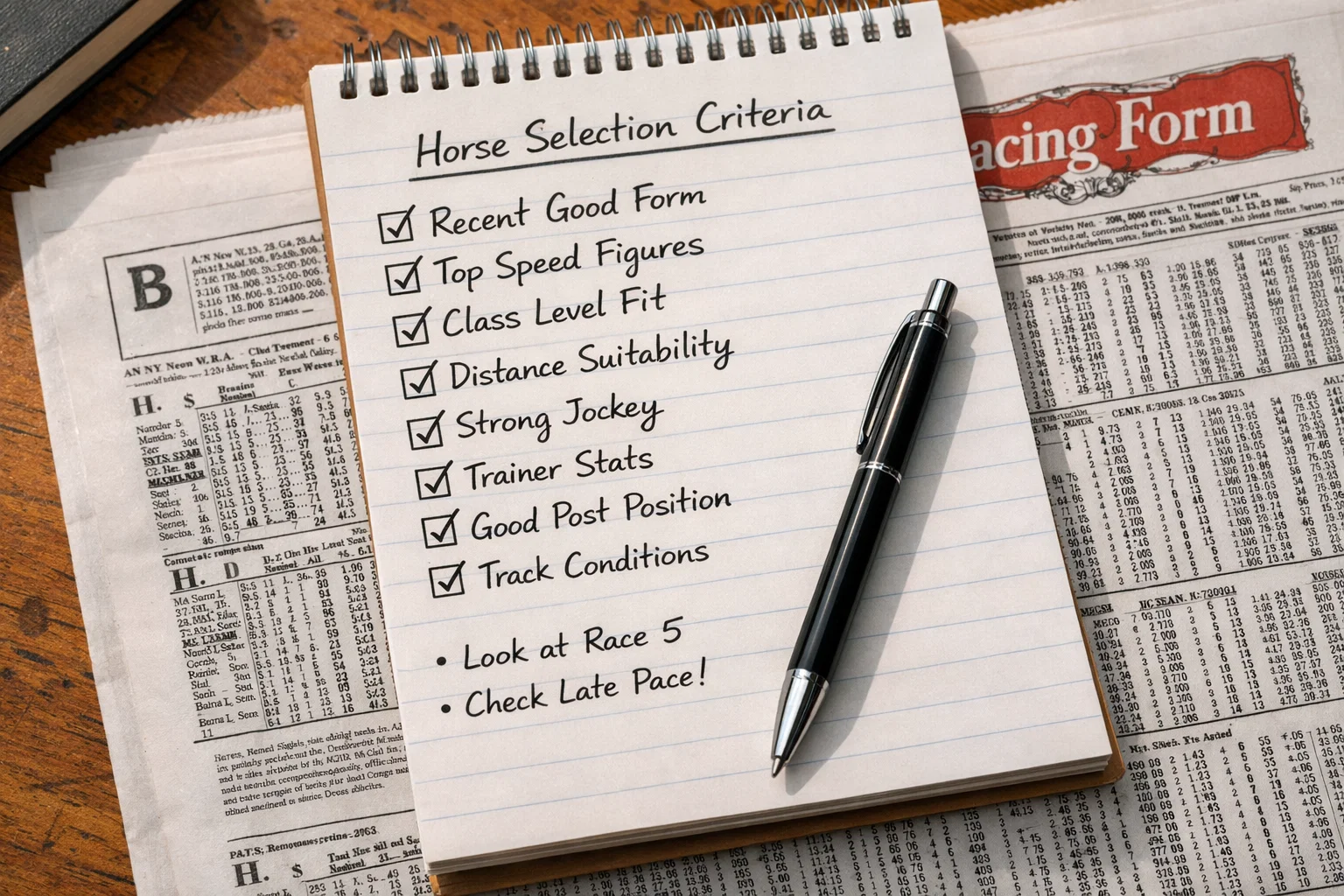 Handwritten checklist of horse selection criteria on notepad with racing form