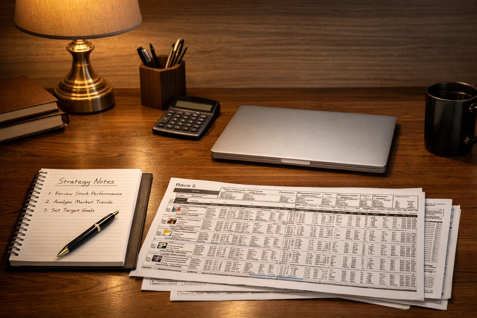 Organized desk with notebook, racing forms, and laptop for developing a betting strategy