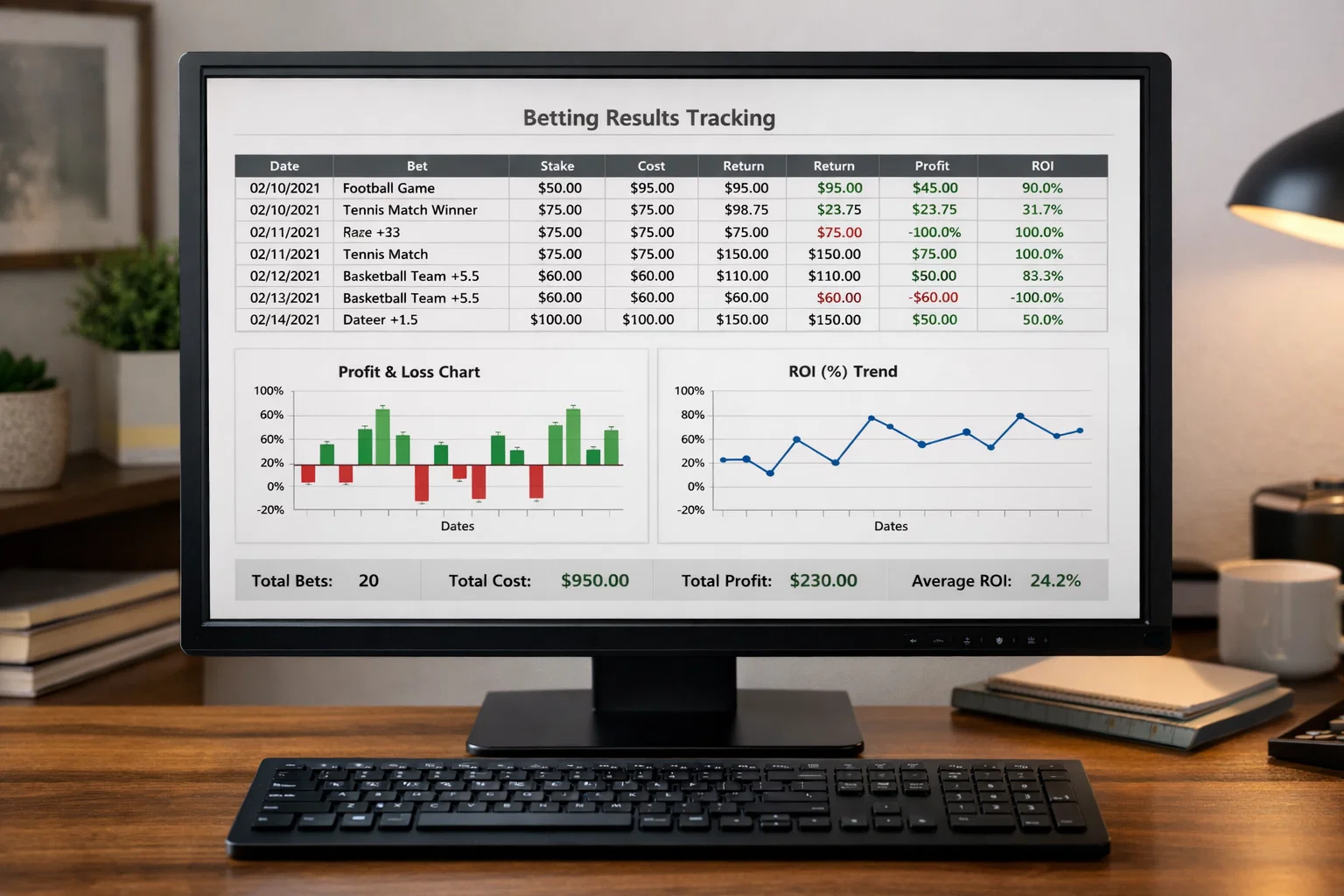 Computer screen displaying spreadsheet tracking betting results and performance metrics