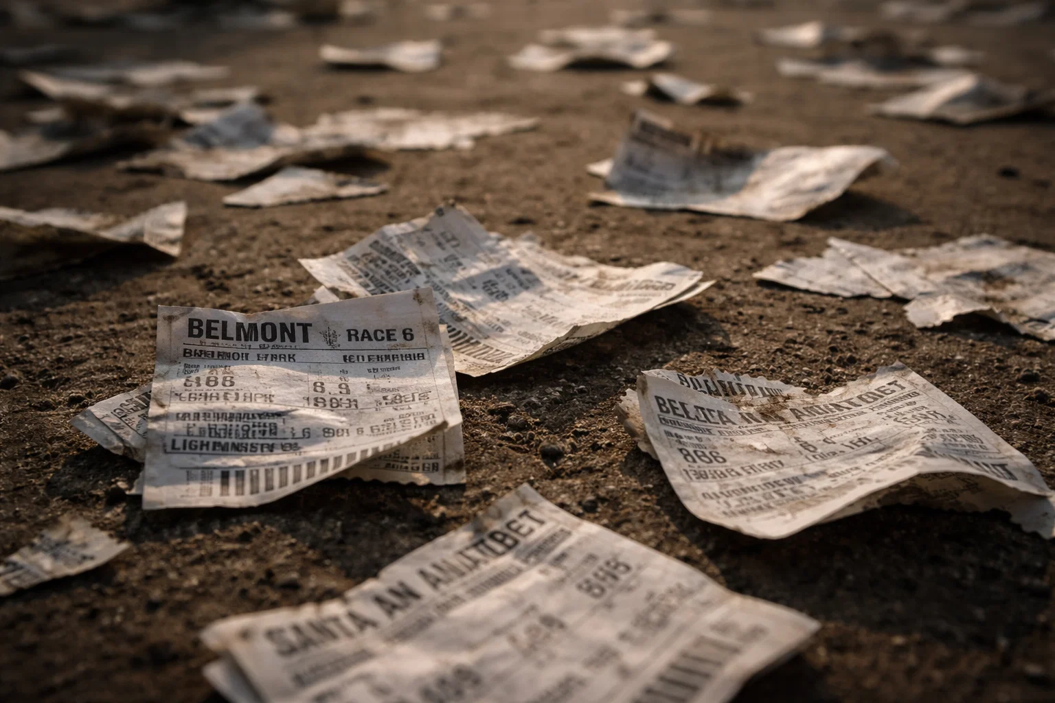 Crumpled betting tickets on the ground at a horse racing track