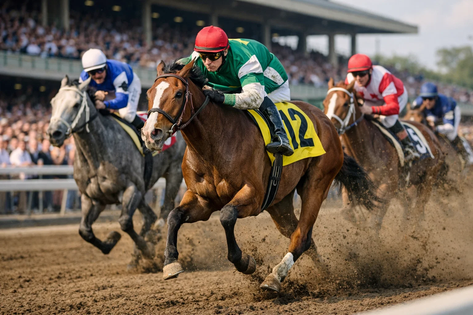 Longshot horse racing ahead of favorites during a stretch run