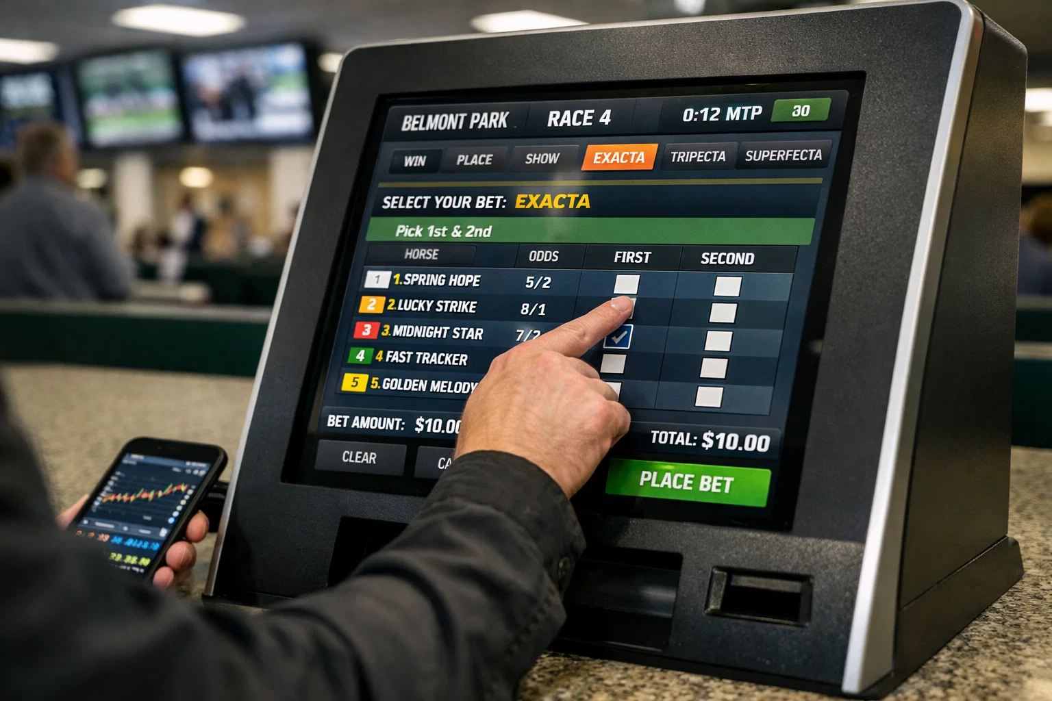 Person using a self-service betting terminal at a racetrack