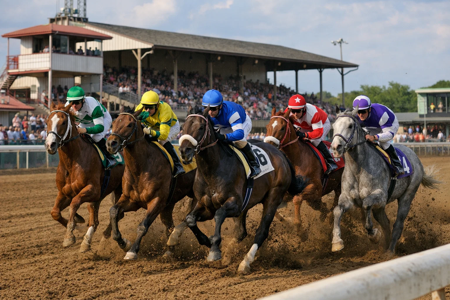 Horses competing in a claiming race at a regional racetrack