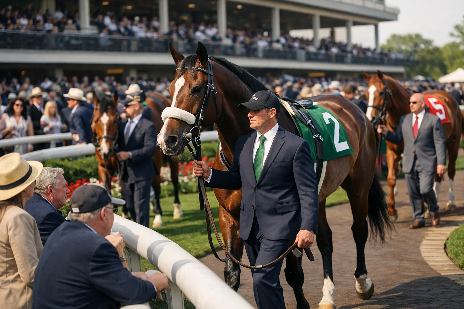 Stakes race horses in the walking ring before a major Grade 1 event