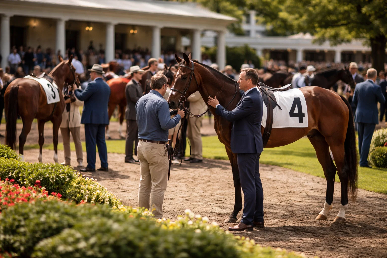 Quality stakes horses being inspected in the paddock before a graded race