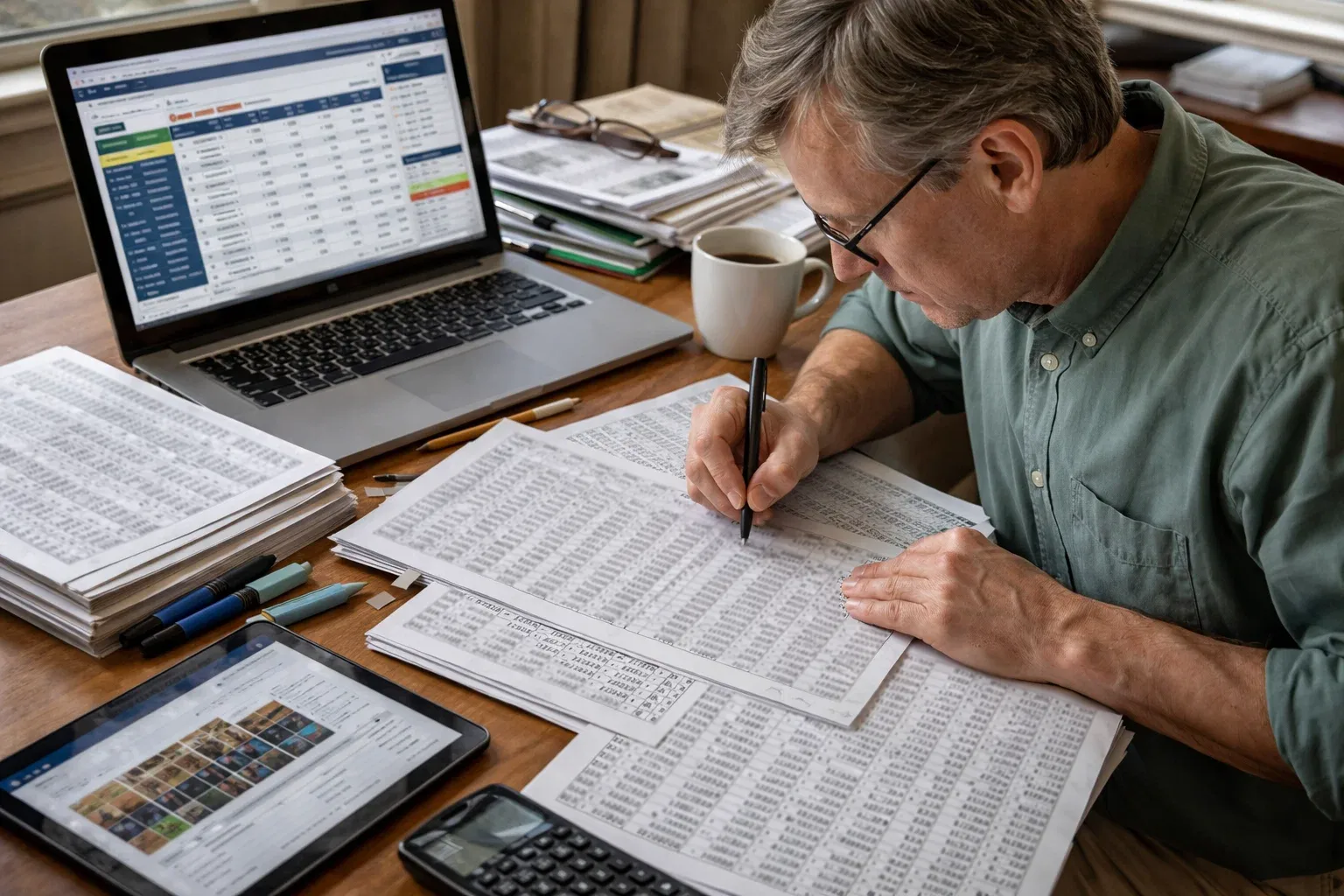 Person engaged in detailed horse racing handicapping analysis