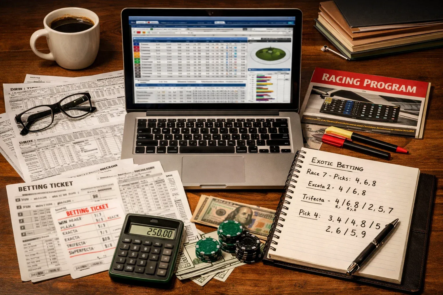 Comprehensive horse racing handicapping setup with forms, laptop, and betting materials