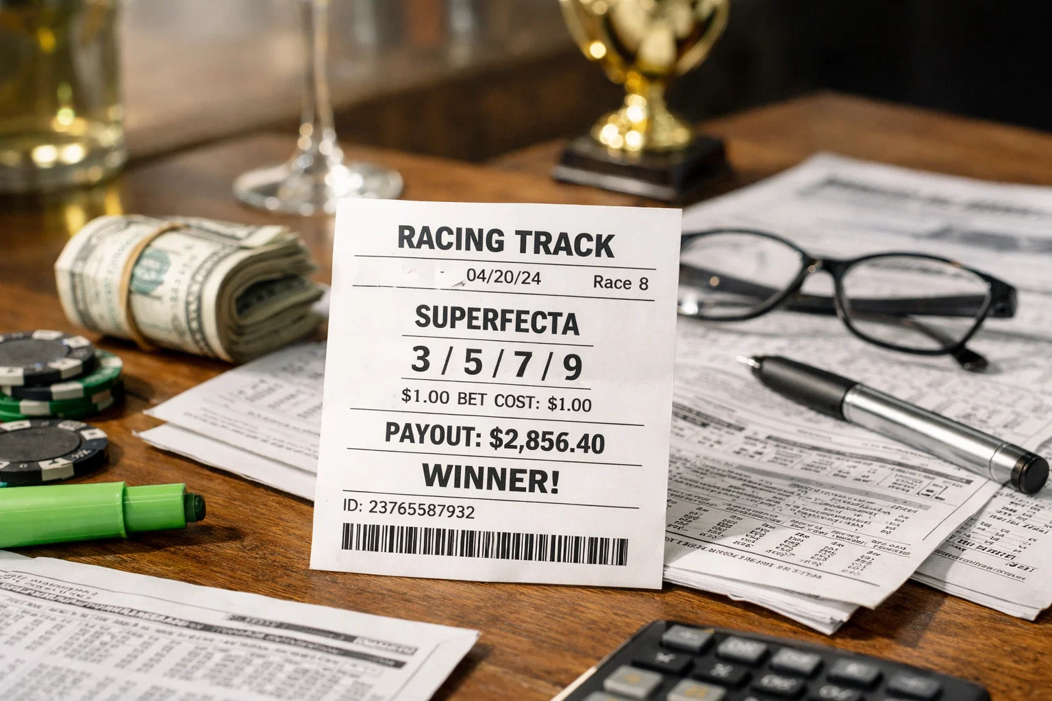 Winning betting ticket displayed alongside racing materials