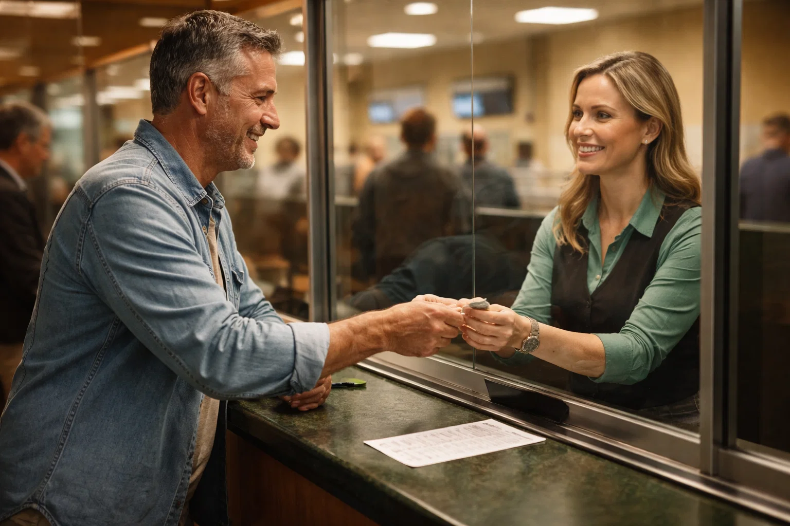 Man placing a bet at a racetrack betting window with a teller