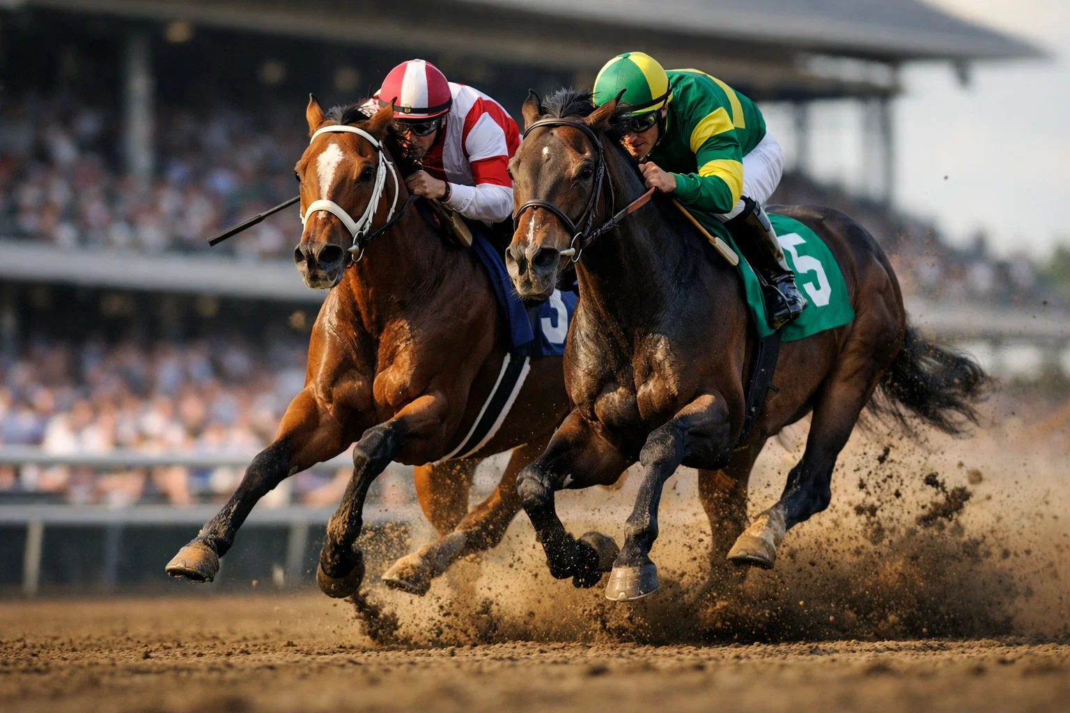 Two thoroughbred horses racing neck and neck toward the finish line at a racetrack