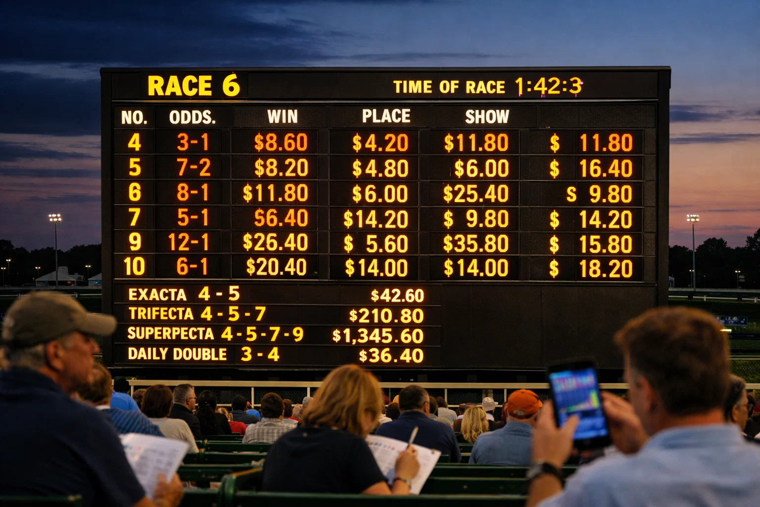 Illuminated tote board at a horse racing track displaying odds and race information