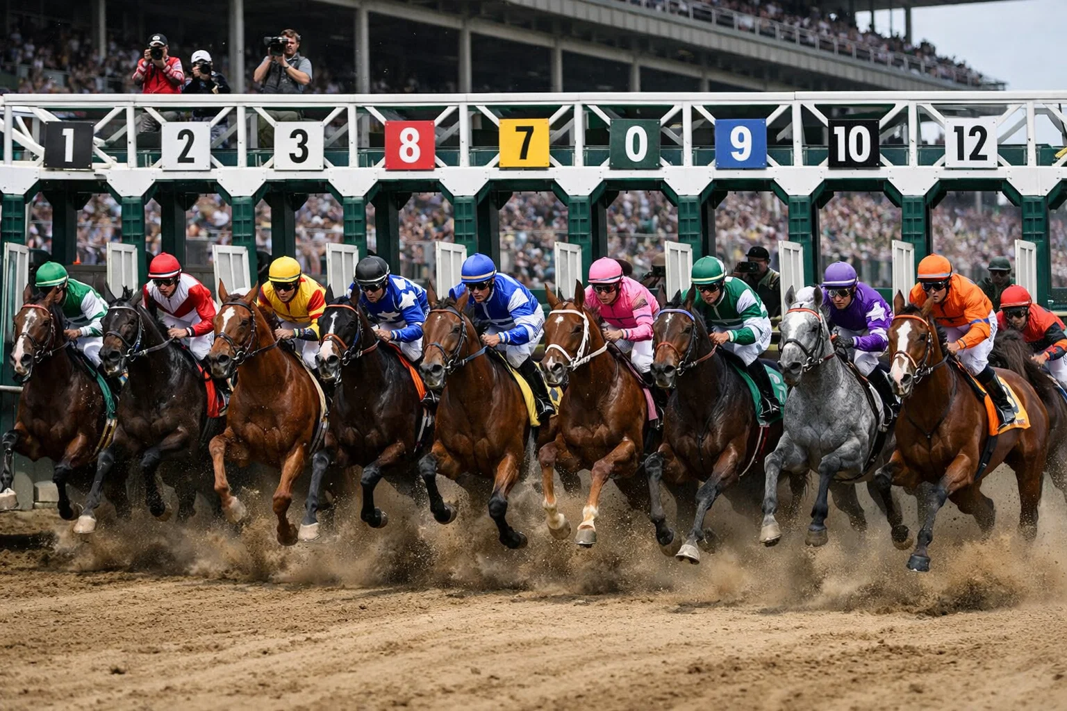 Large field of horses breaking from the starting gate at a major racetrack