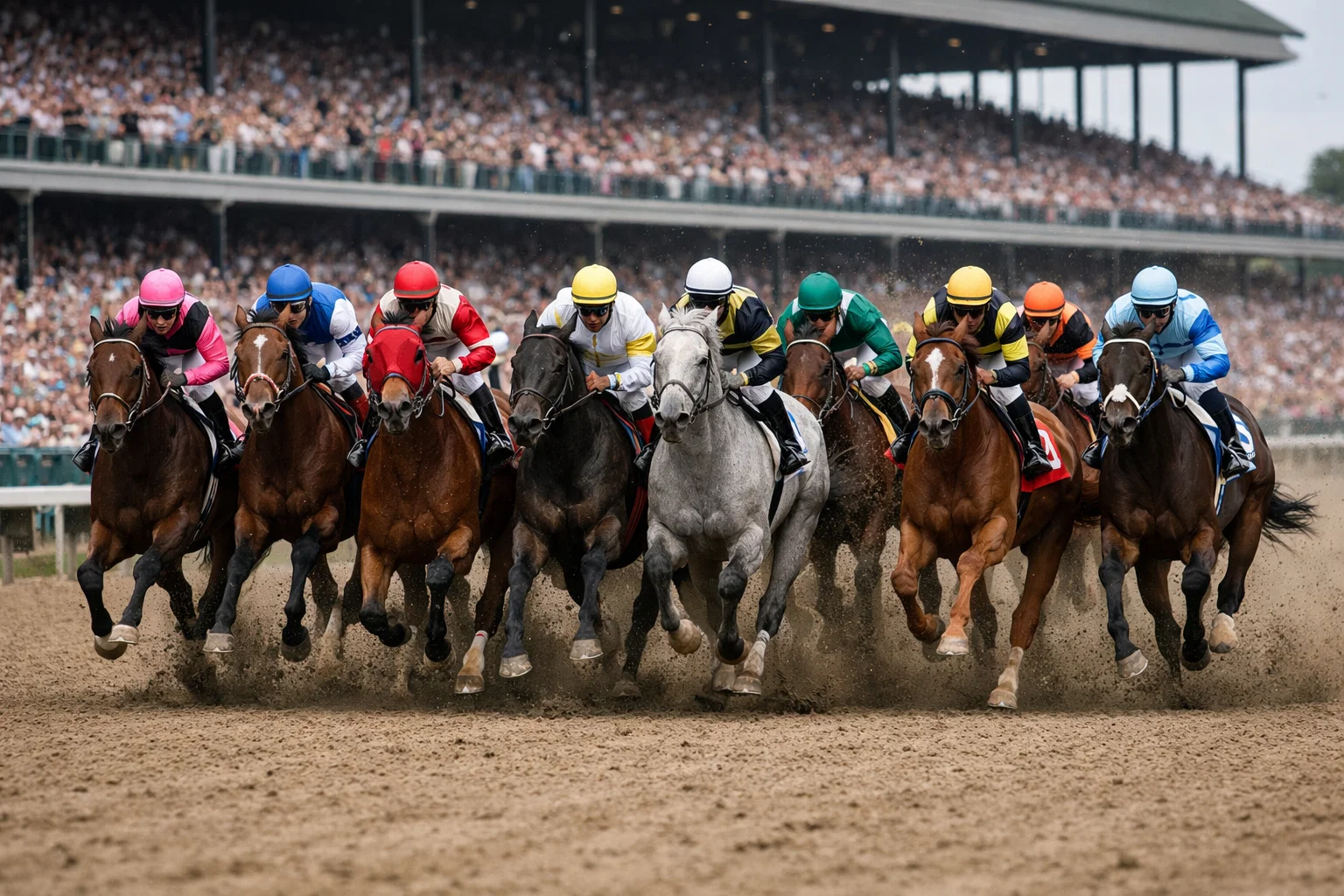 Wide shot of numerous horses racing together on a dirt track in a large-field stakes race