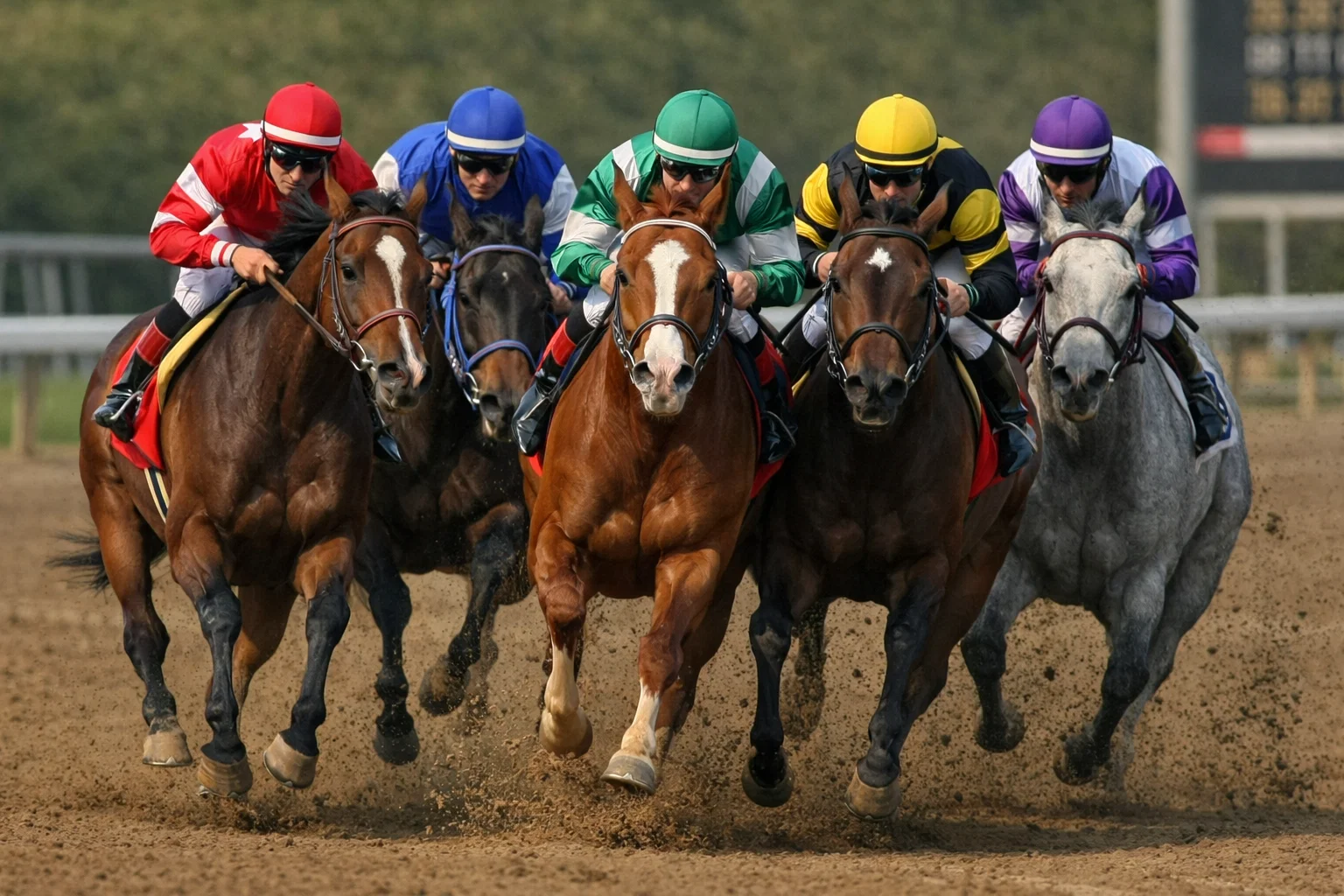Five horses racing in a tight group during a small-field allowance race
