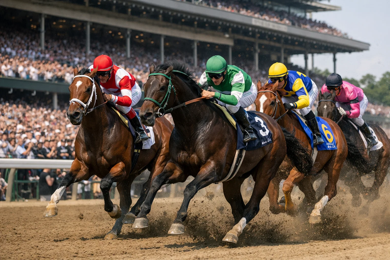 Elite thoroughbred horses racing in a prestigious graded stakes competition