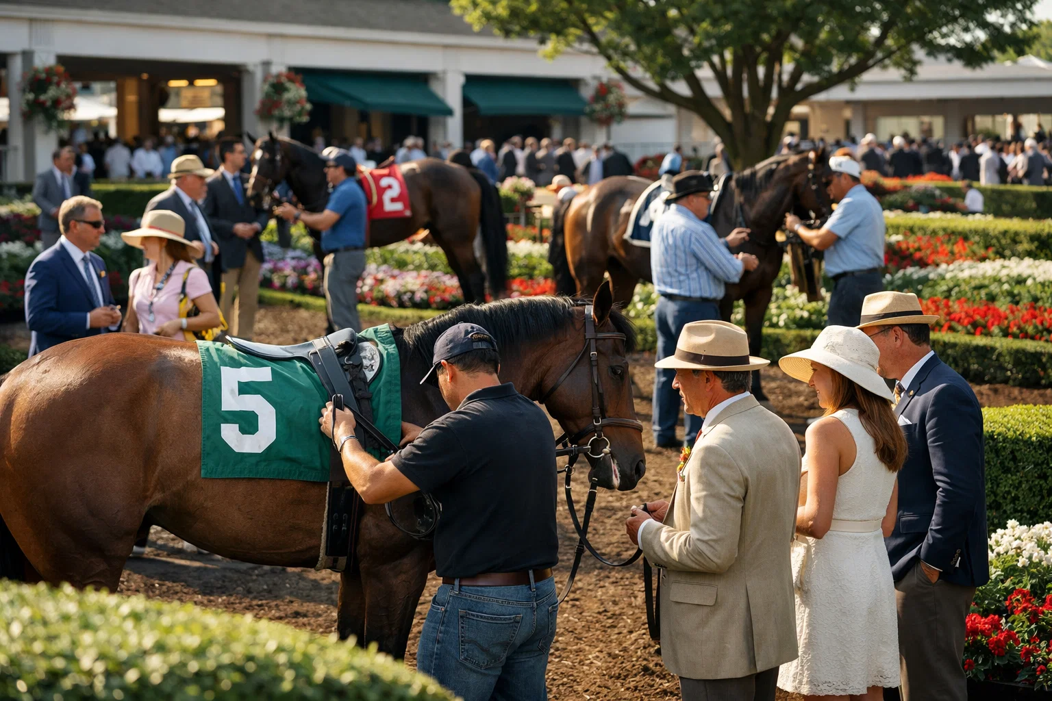 Championship caliber horses being saddled in the paddock before a stakes race