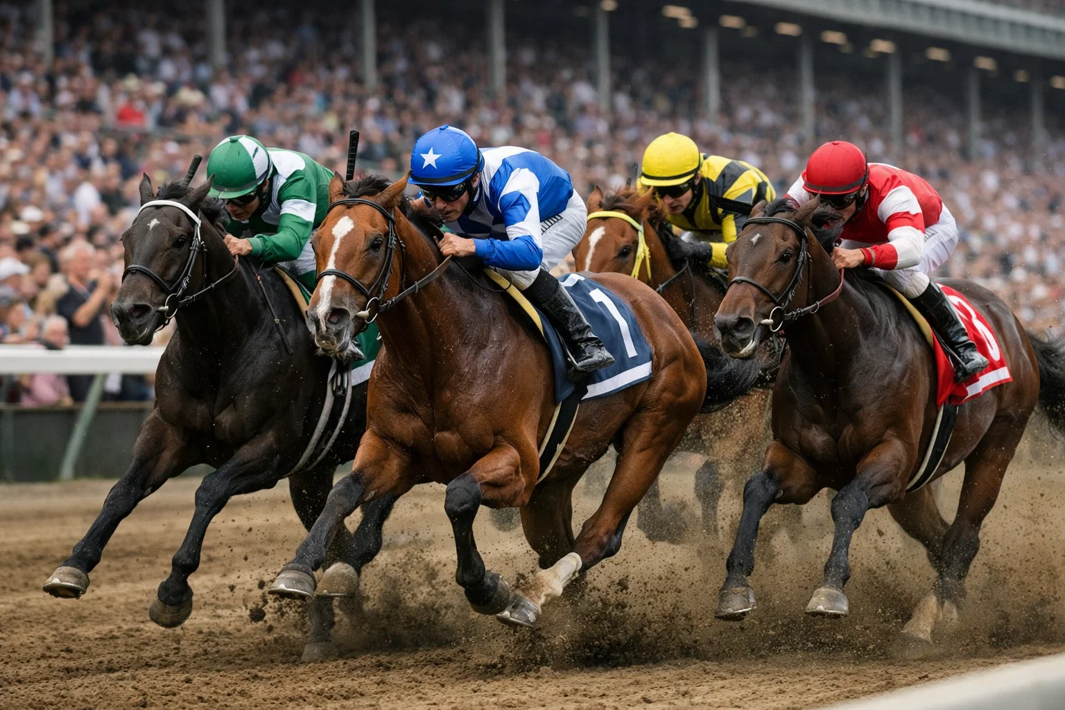 Horses driving to the finish line in a competitive graded stakes race