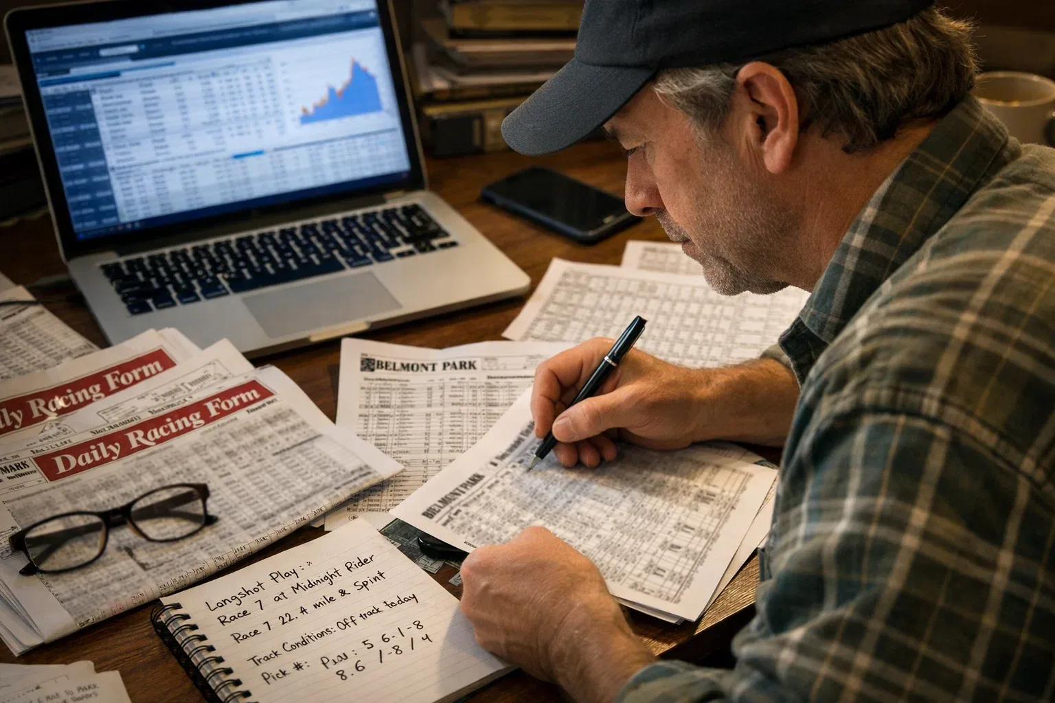 Handicapper analyzing multiple sources of racing information on desk