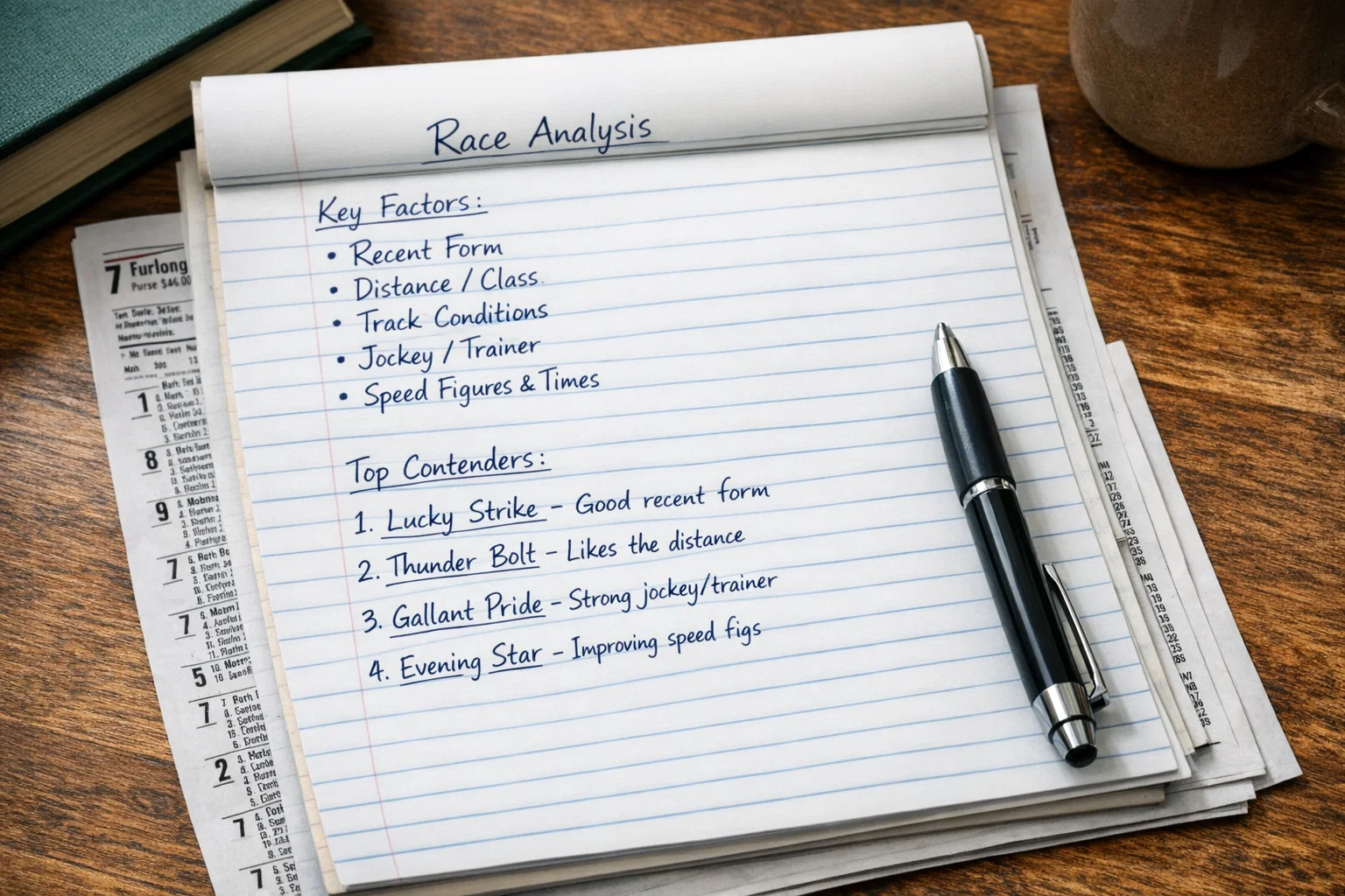 Handwritten notes analyzing horse racing factors and contenders