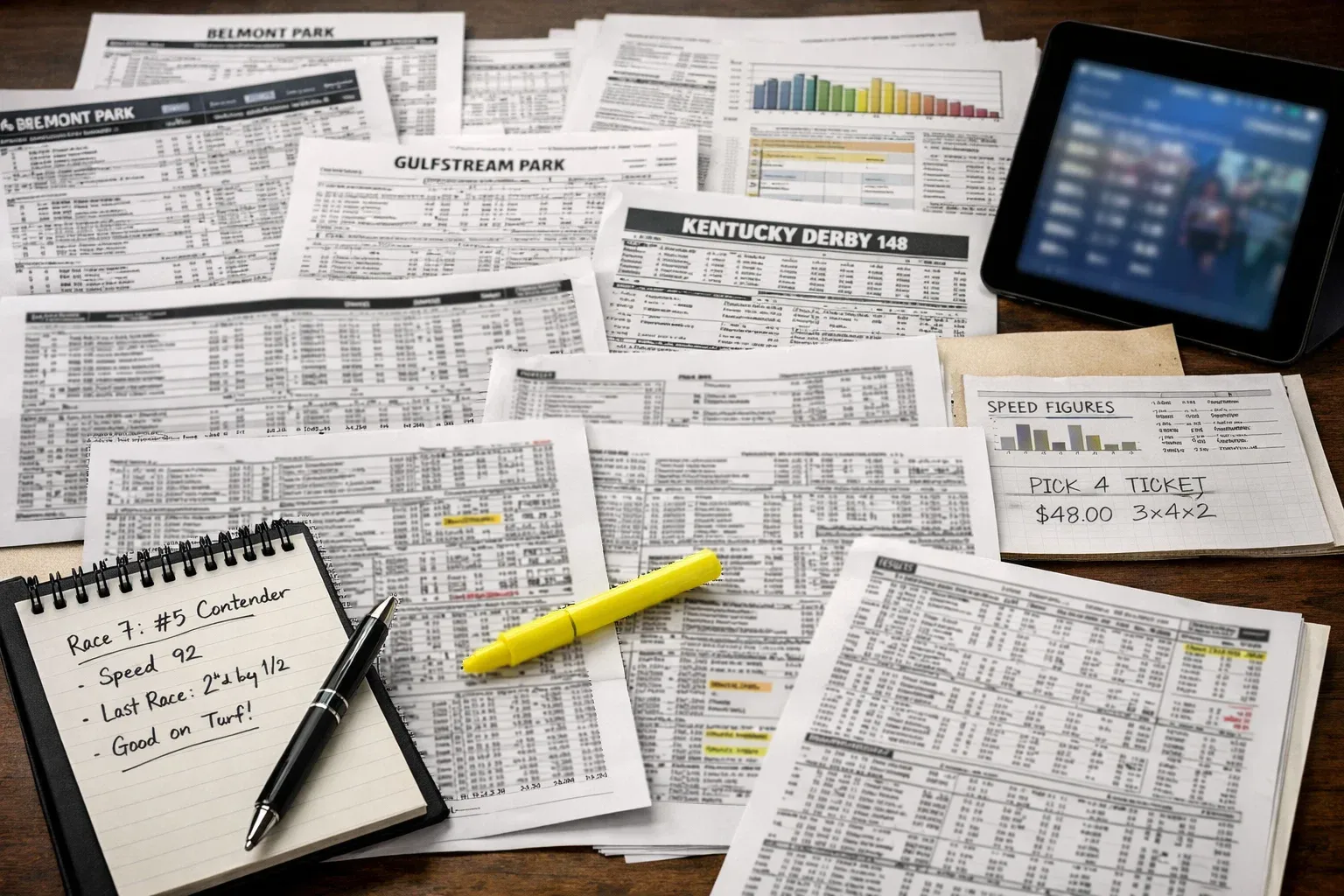 Multiple racing forms and data sheets spread across a table for analysis
