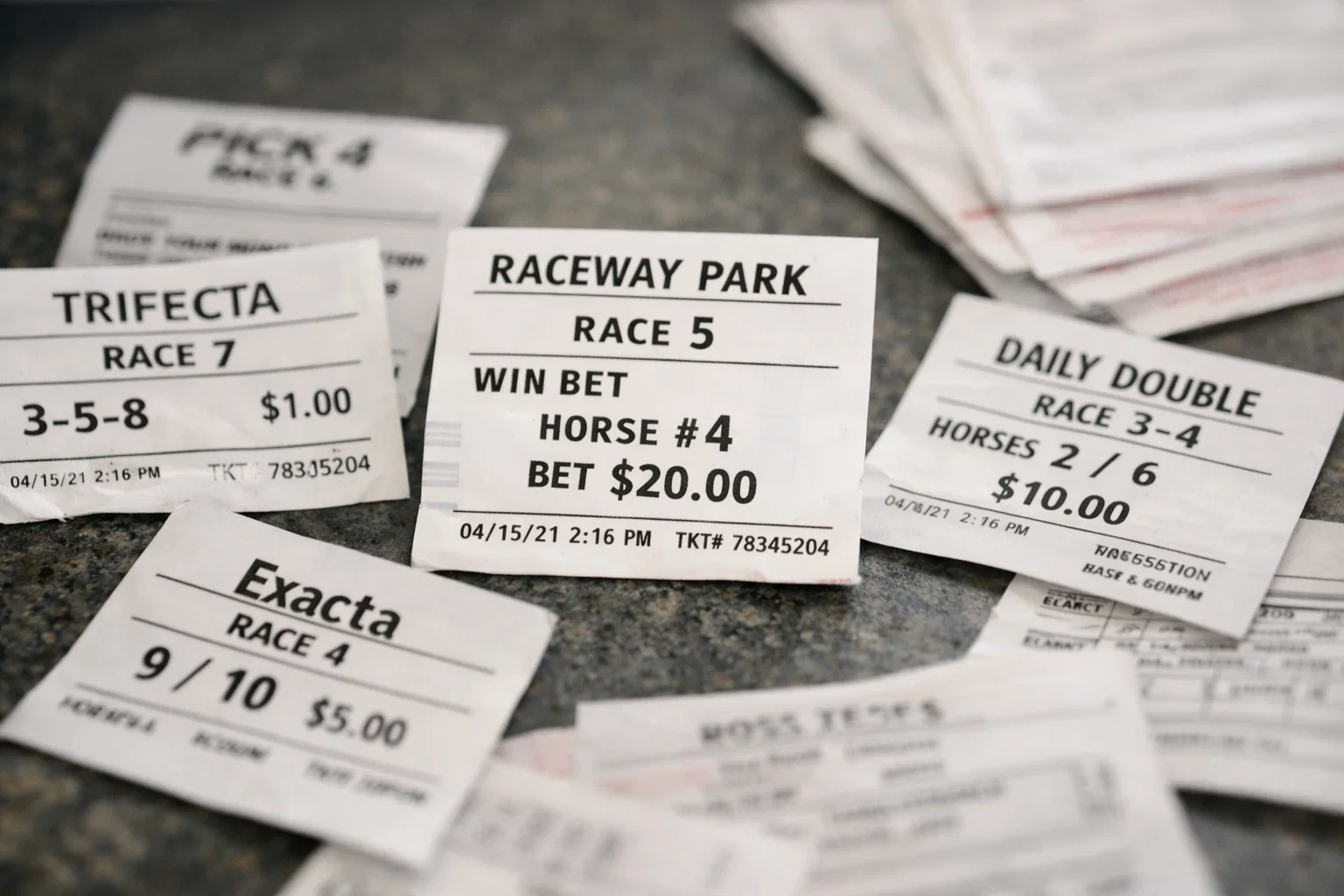 Close-up of horse racing betting tickets spread on a counter at a racetrack