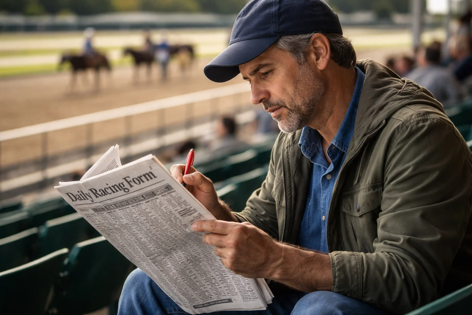 Man studying a racing form newspaper at a racetrack with horses visible in the background