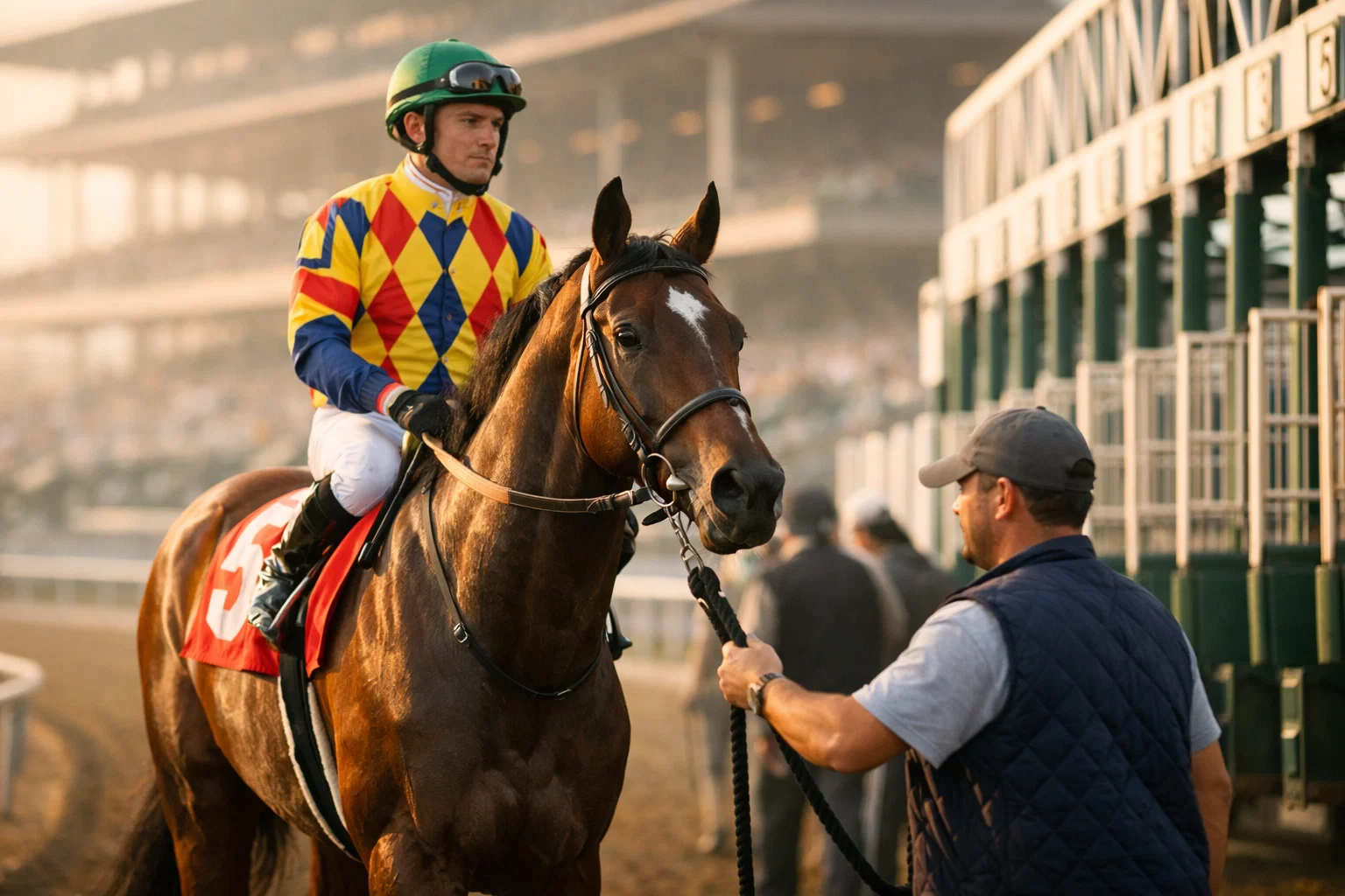 Jockey on horseback being led to the starting gate at a professional racetrack