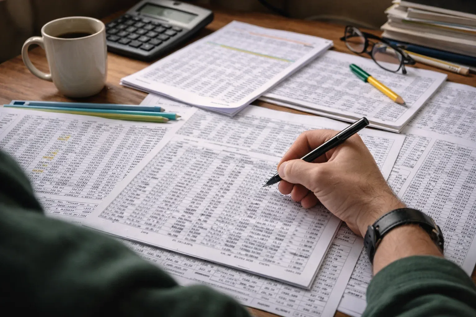 Person analyzing horse racing past performance data with notes and a pen