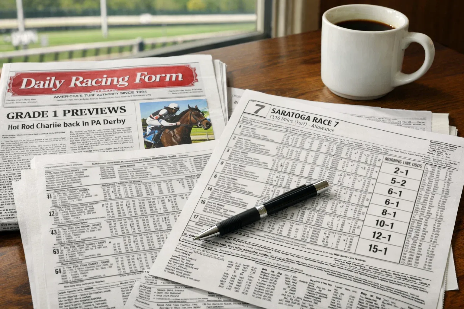 Horse racing program and past performance sheets spread on a table at a racetrack