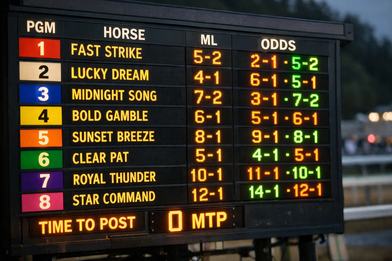 Close-up of an odds display board showing changing horse racing odds before post time