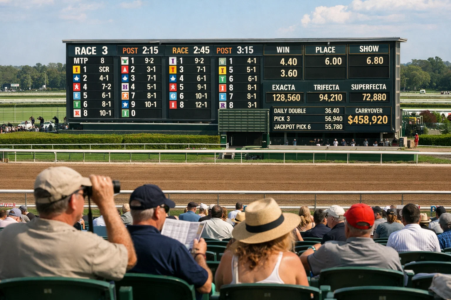 View of a horse racing track with multiple races listed on the tote board