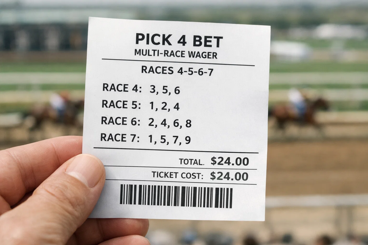 Close-up of a Pick 4 betting ticket showing multiple race selections